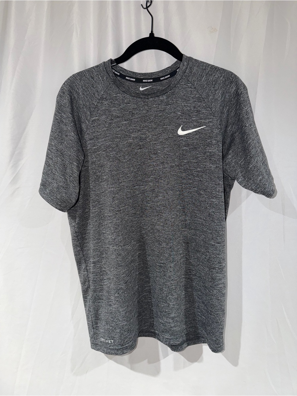 Nike Swim Shirt Heather Charcoal Short Sleeve Dri-FIT Tee White Swoosh Crewneck
